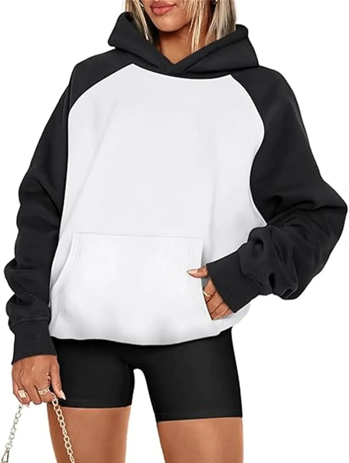 Color Block Hoodies for Women Trendy Oversized Raglan Sweatshirts Lightweight Fleece Cute Hoodies with Pockets