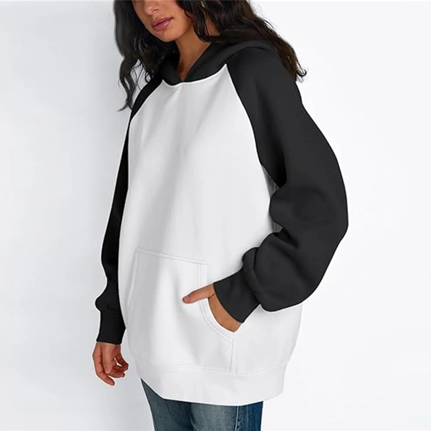 Color Block Hoodies for Women Trendy Oversized Raglan Sweatshirts Lightweight Fleece Cute Hoodies with Pockets