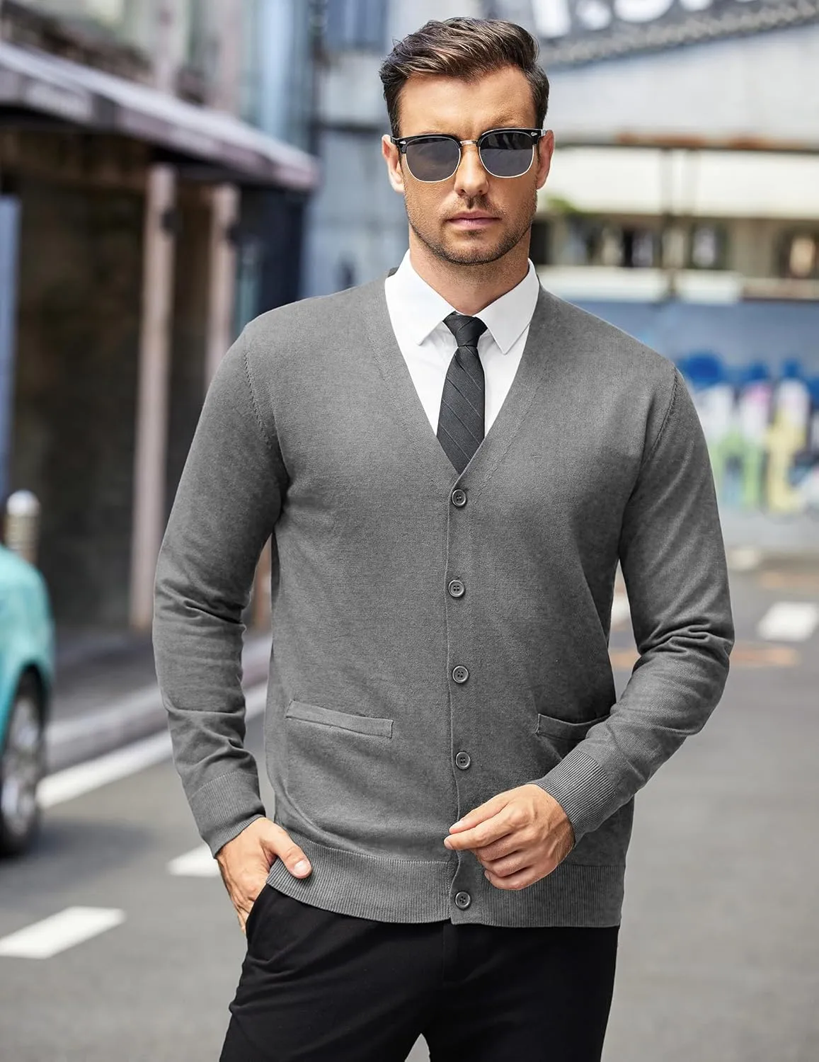 COOFANDY Mens Cardigan Sweaters Long Sleeve V Neck Cardigans Lightweight Knitted Button Down Sweaters with Pockets