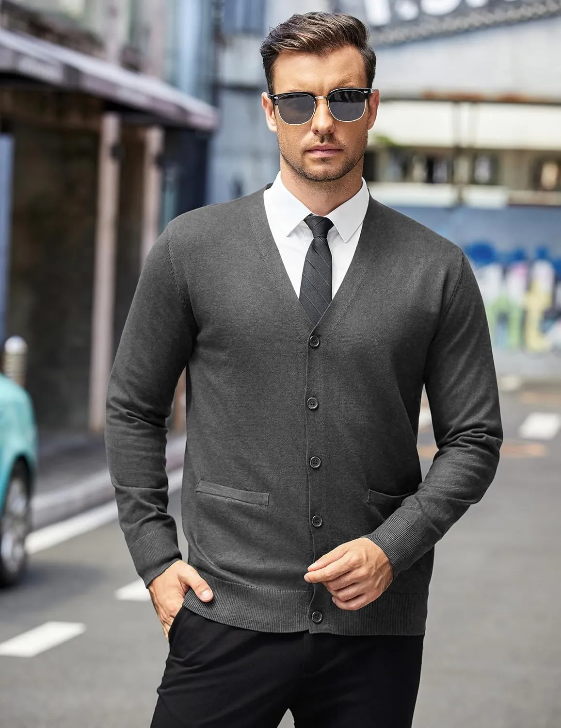 COOFANDY Mens Cardigan Sweaters Long Sleeve V Neck Cardigans Lightweight Knitted Button Down Sweaters with Pockets