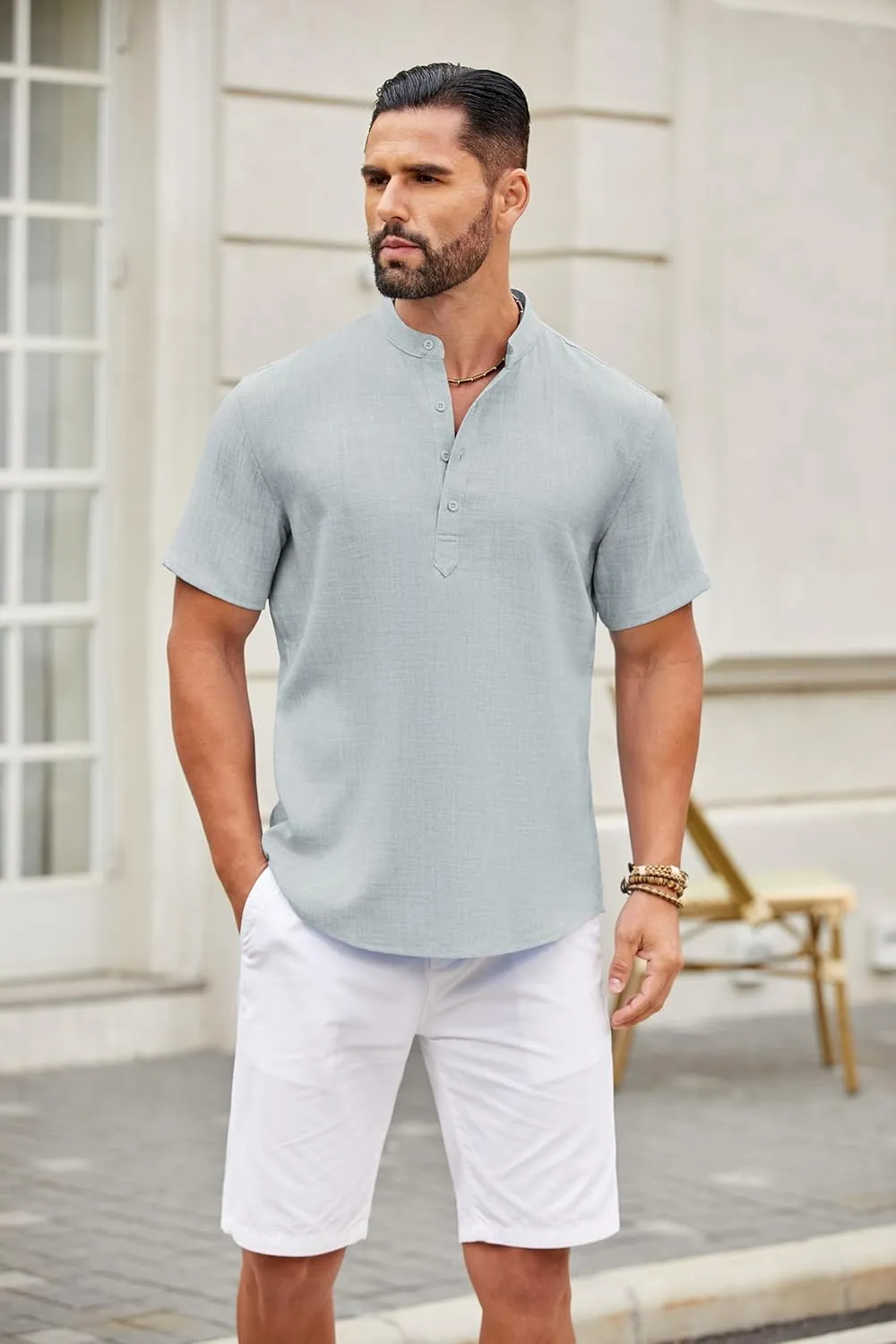 COOFANDY Men's Casual Henley Shirt Short Sleeve Summer Shirts Linen Band Collar Summer Beach Hippie T-Shirts