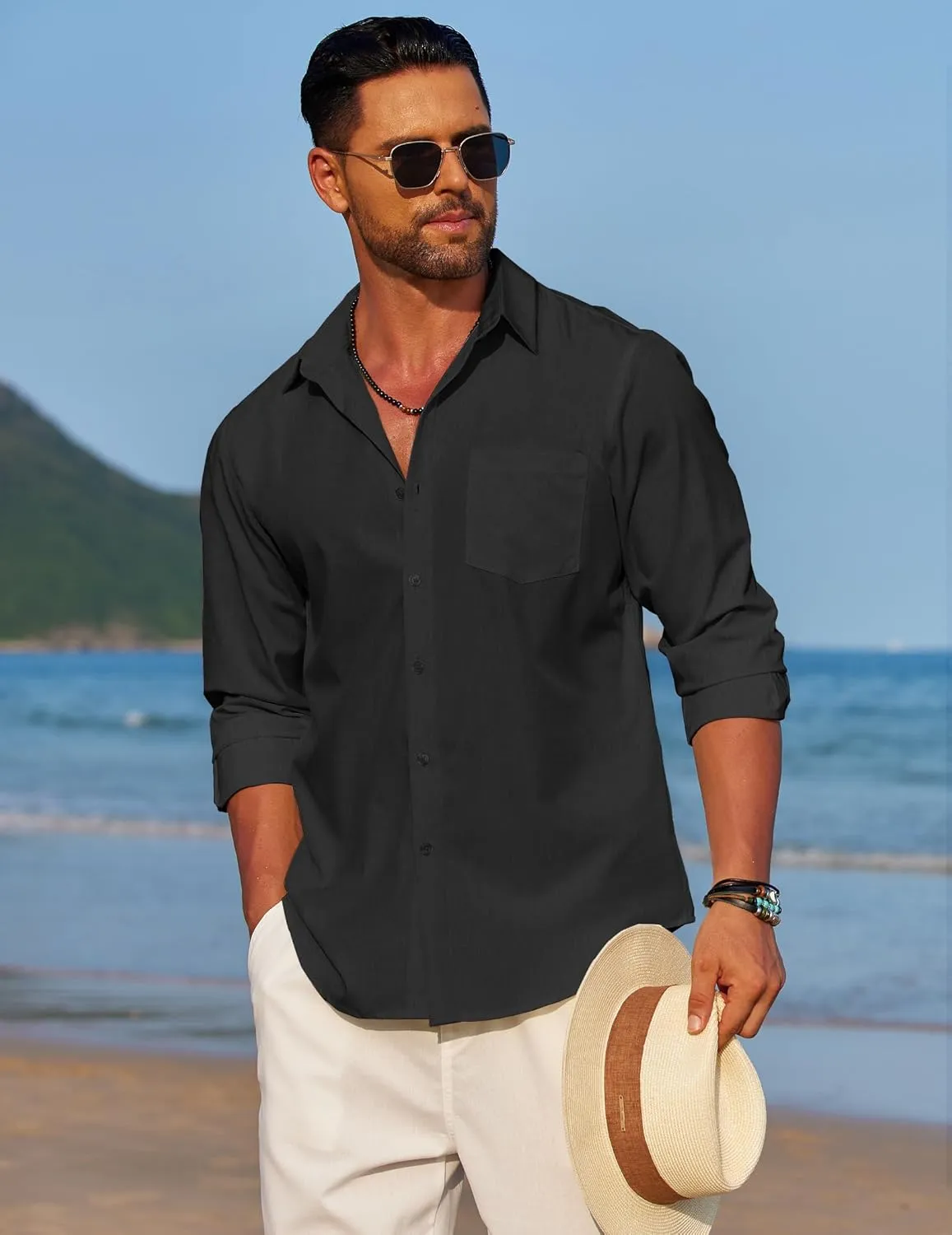 COOFANDY Men's Linen Long Sleeve Shirts Casual Button Down Untucked Shirt Vacation Wedding Shirts with Pocket