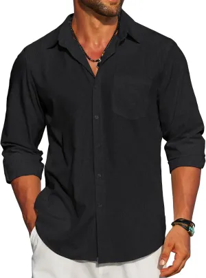 COOFANDY Men's Linen Long Sleeve Shirts Casual Button Down Untucked Shirt Vacation Wedding Shirts with Pocket