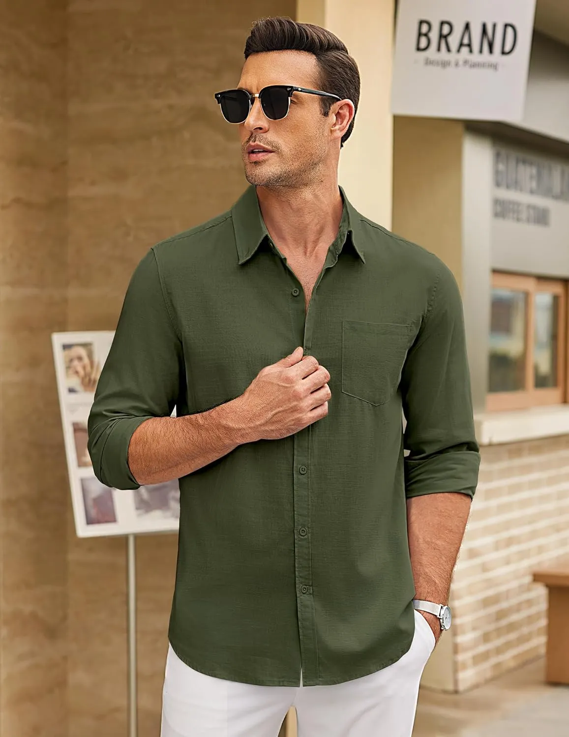 COOFANDY Men's Long Sleeve Button Down Shirts Casual Cotton Linen Shirts Summer Beach Shirt with Pocket