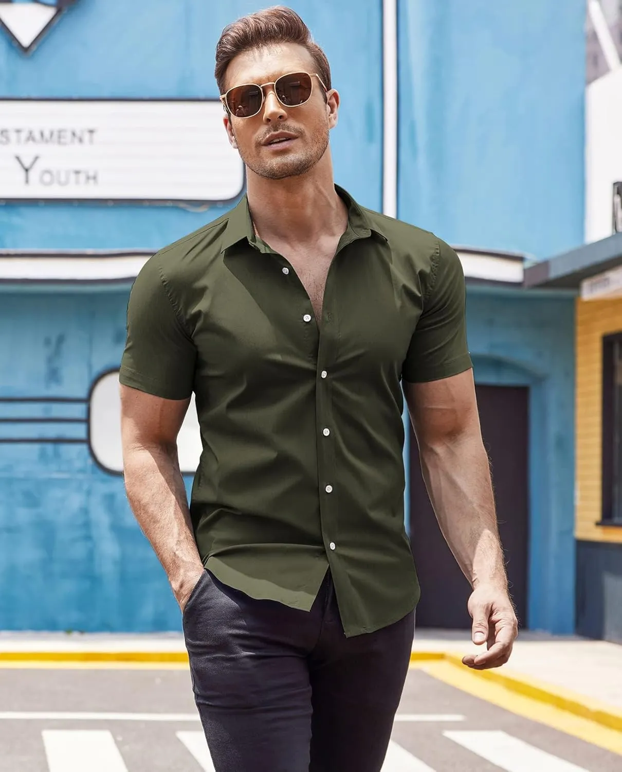 COOFANDY Men's Muscle Fit Dress Shirts Wrinkle-Free Short Sleeve Casual Button Down Shirt