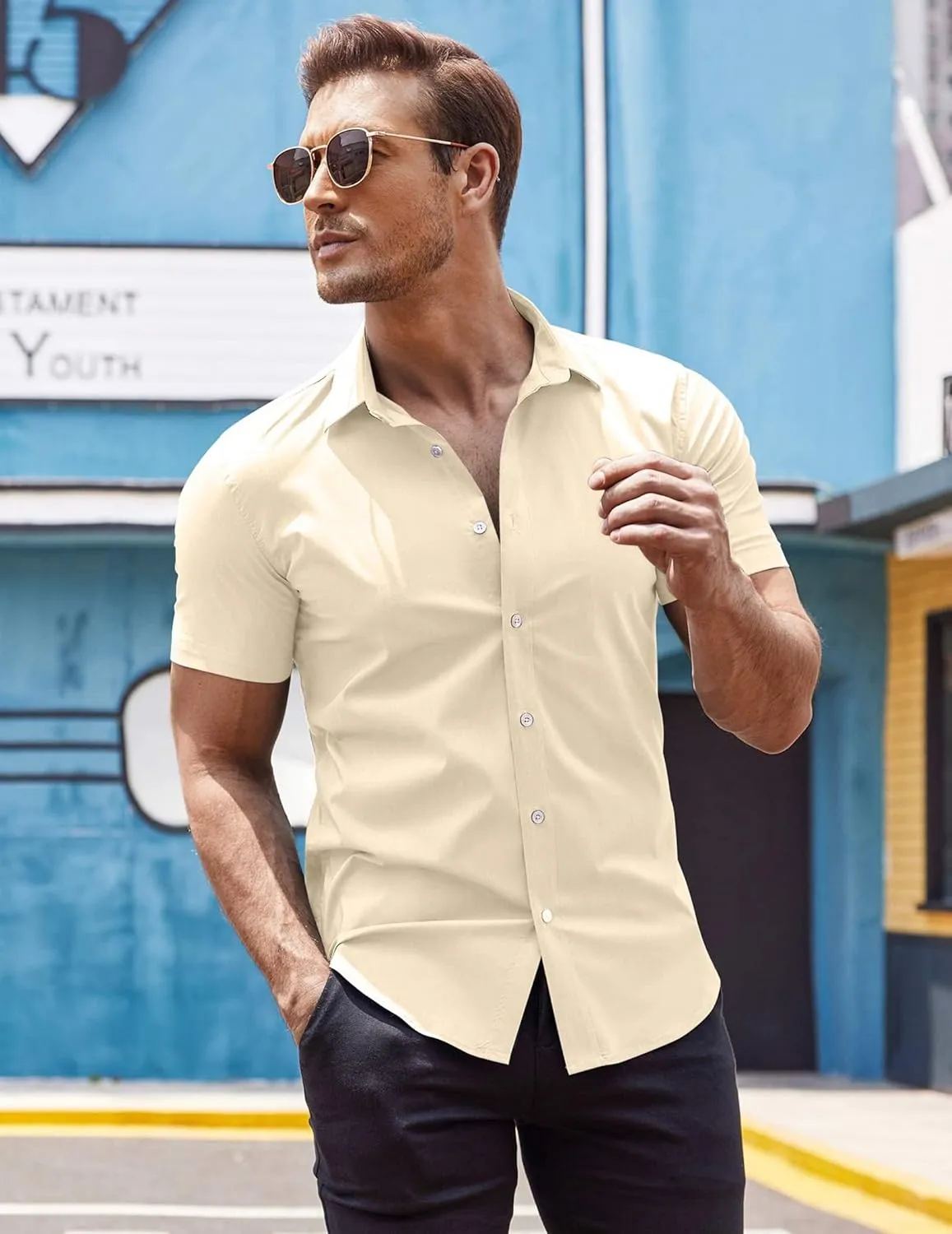 COOFANDY Men's Muscle Fit Dress Shirts Wrinkle-Free Short Sleeve Casual Button Down Shirt