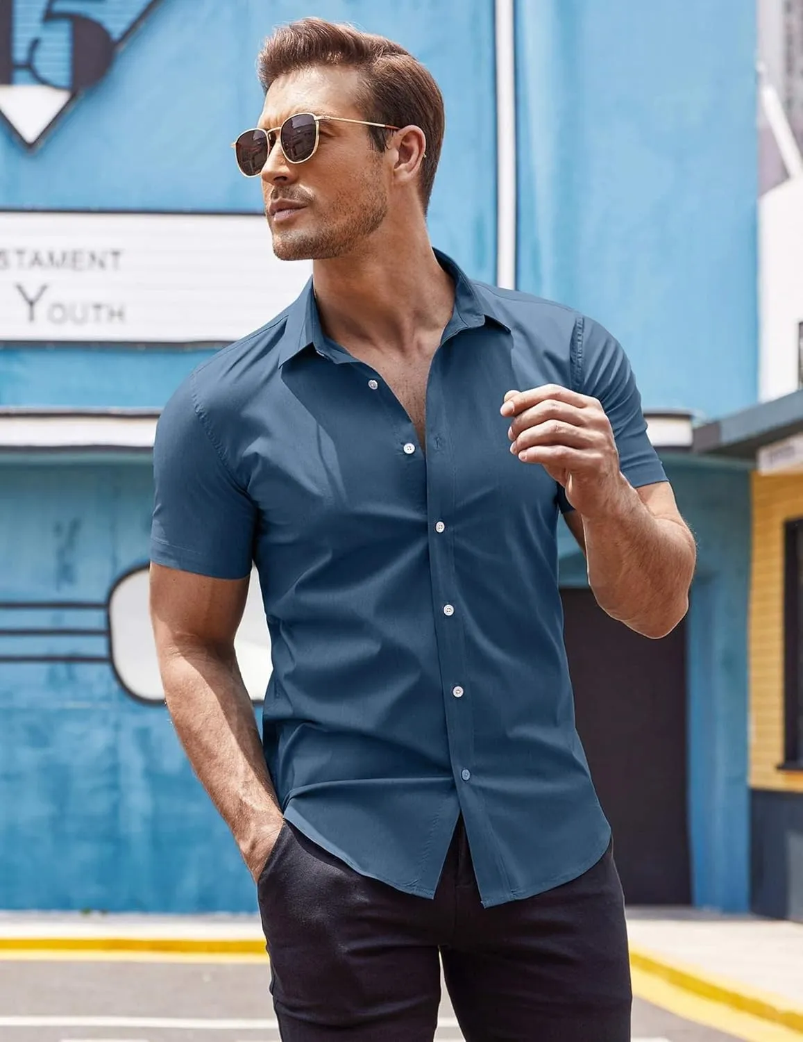 COOFANDY Men's Muscle Fit Dress Shirts Wrinkle-Free Short Sleeve Casual Button Down Shirt