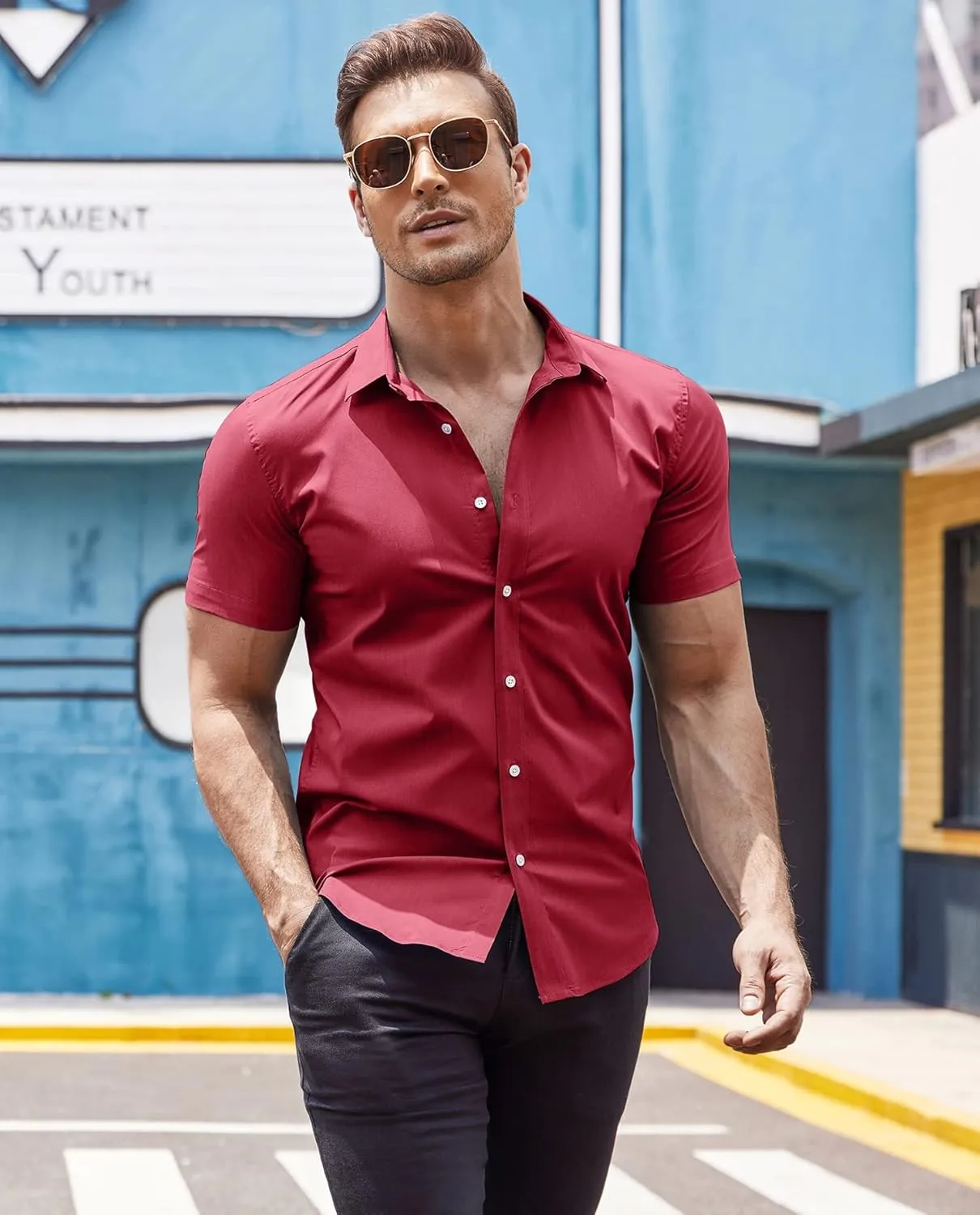 COOFANDY Men's Muscle Fit Dress Shirts Wrinkle-Free Short Sleeve Casual Button Down Shirt