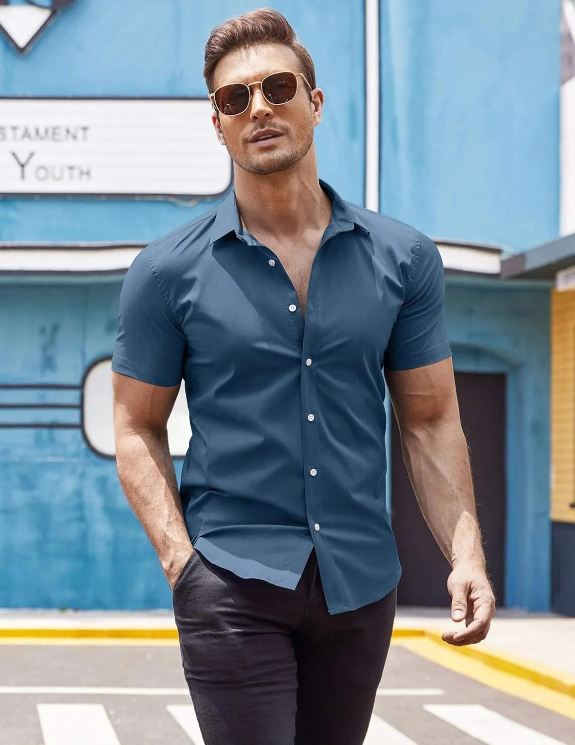 COOFANDY Men's Muscle Fit Dress Shirts Wrinkle-Free Short Sleeve Casual Button Down Shirt