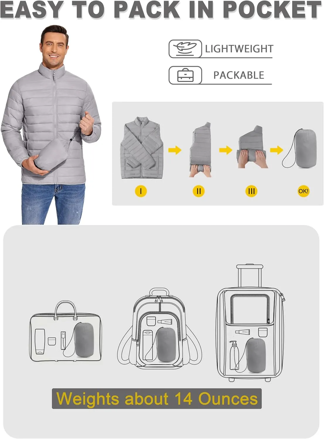 COOFANDY Mens Puffer Jacket Packable Lightweight Jackets Winter Coat Windproof Zipper Down Jacket
