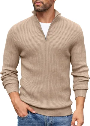 COOFANDY Men's Quarter Zip Sweaters Slim Fit Mock Neck Pullover Sweater Lightweight Knitted Polo Sweaters