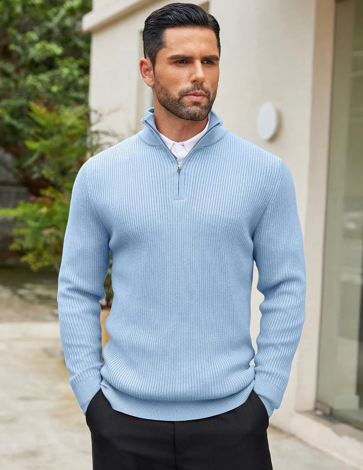 COOFANDY Men's Quarter Zip Sweaters Slim Fit Mock Neck Pullover Sweater Lightweight Knitted Polo Sweaters
