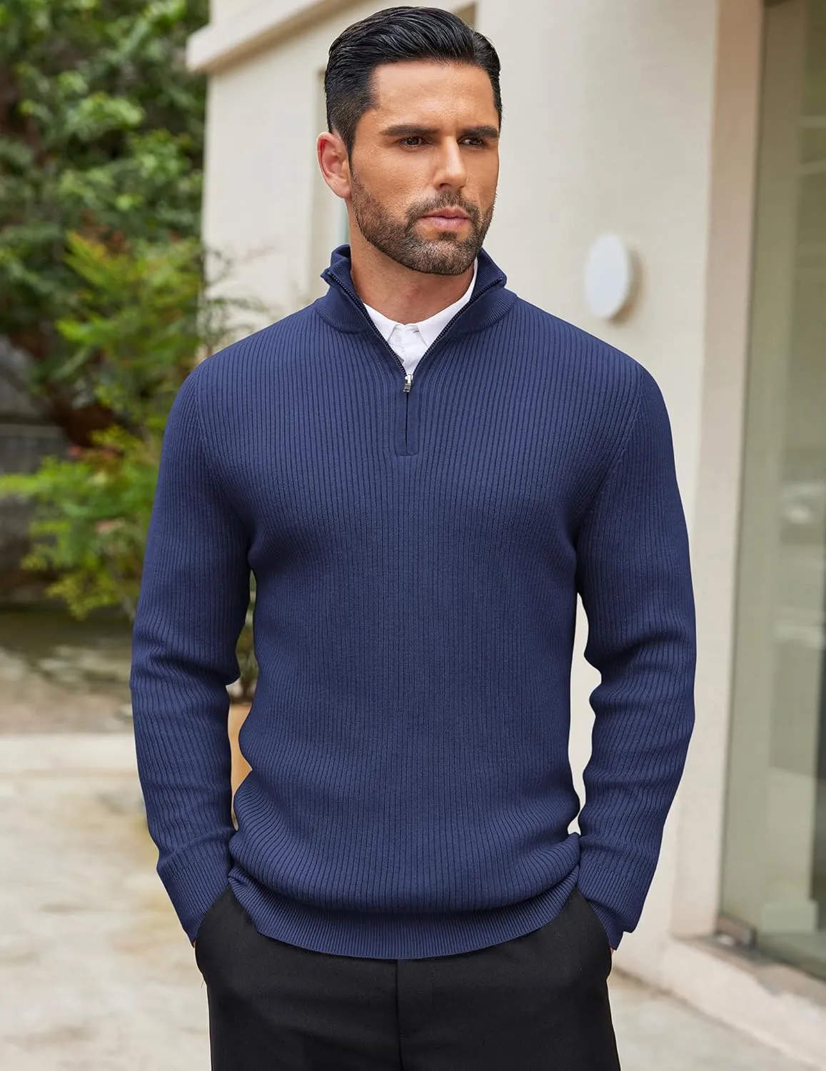 COOFANDY Men's Quarter Zip Sweaters Slim Fit Mock Neck Pullover Sweater Lightweight Knitted Polo Sweaters