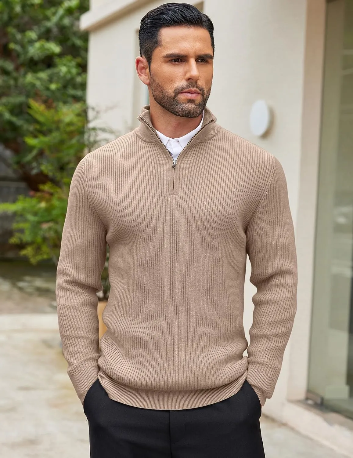 COOFANDY Men's Quarter Zip Sweaters Slim Fit Mock Neck Pullover Sweater Lightweight Knitted Polo Sweaters