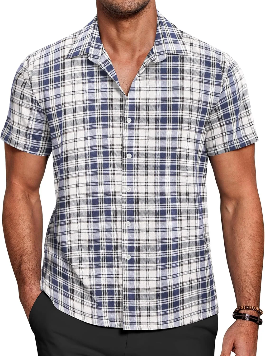 COOFANDY Mens Short Sleeve Button Down Shirt Plaid Button Up Shirts Casual 75% Cotton Work Shirts