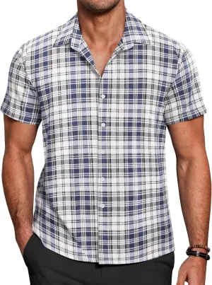 COOFANDY Mens Short Sleeve Button Down Shirt Plaid Button Up Shirts Casual 75% Cotton Work Shirts