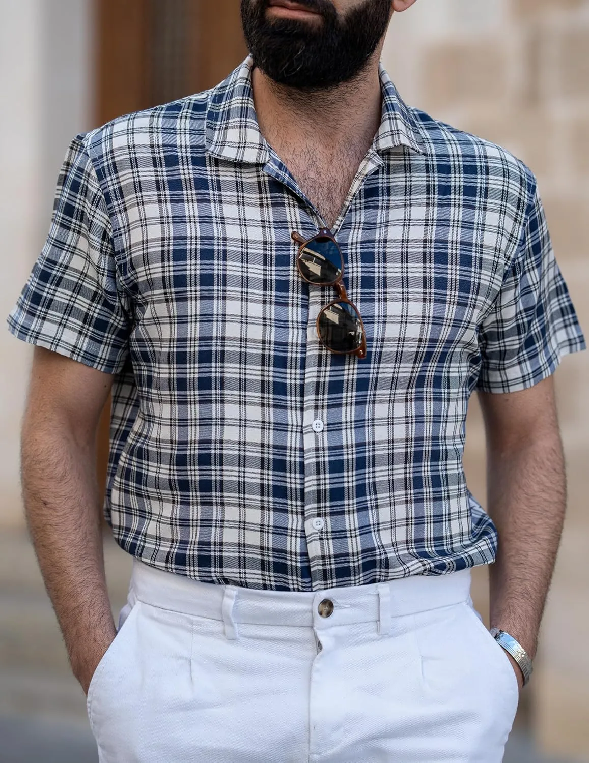 COOFANDY Mens Short Sleeve Button Down Shirt Plaid Button Up Shirts Casual 75% Cotton Work Shirts