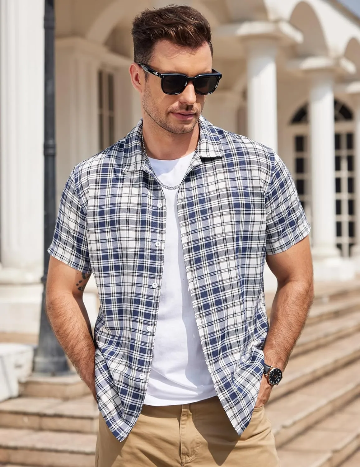 COOFANDY Mens Short Sleeve Button Down Shirt Plaid Button Up Shirts Casual 75% Cotton Work Shirts