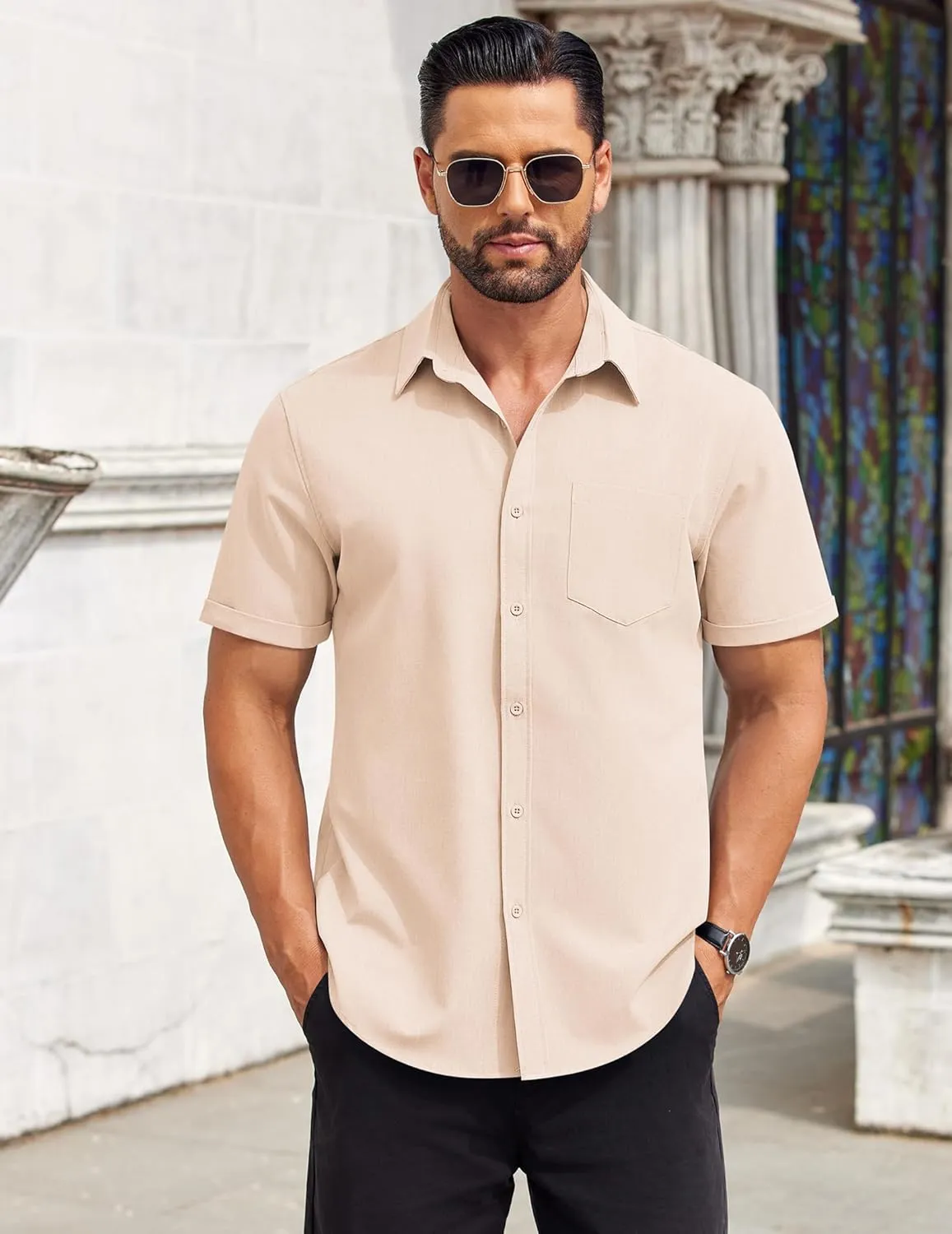 COOFANDY Mens Short Sleeve Button Down Shirts Casual Summer Beach Shirt Wedding Dress Shirts with Pocket