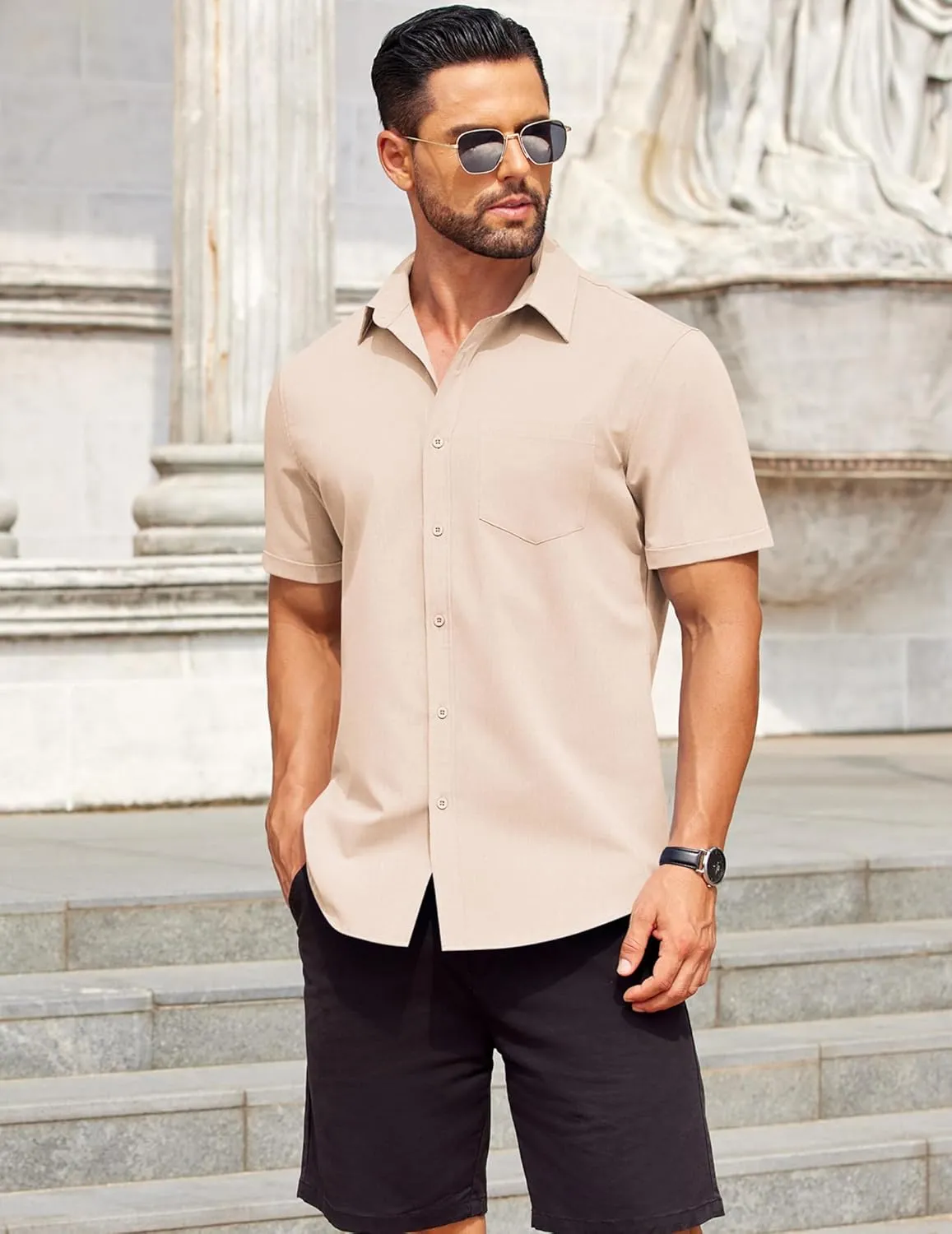 COOFANDY Mens Short Sleeve Button Down Shirts Casual Summer Beach Shirt Wedding Dress Shirts with Pocket