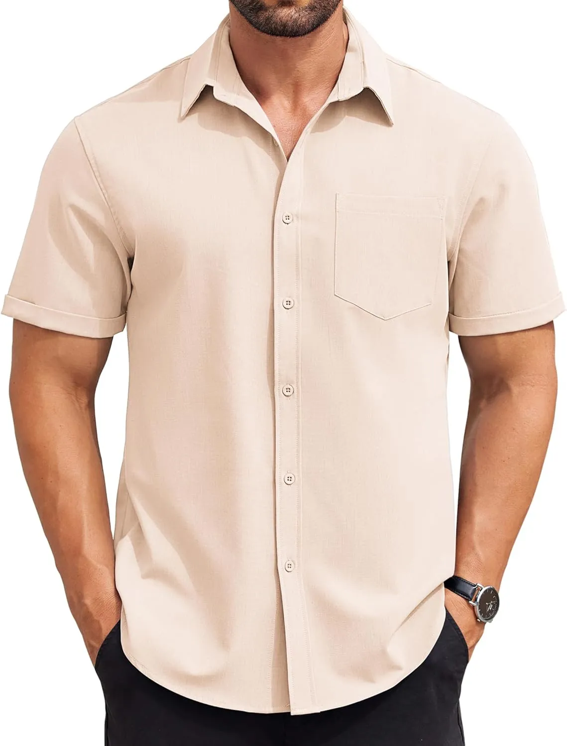 COOFANDY Mens Short Sleeve Button Down Shirts Casual Summer Beach Shirt Wedding Dress Shirts with Pocket