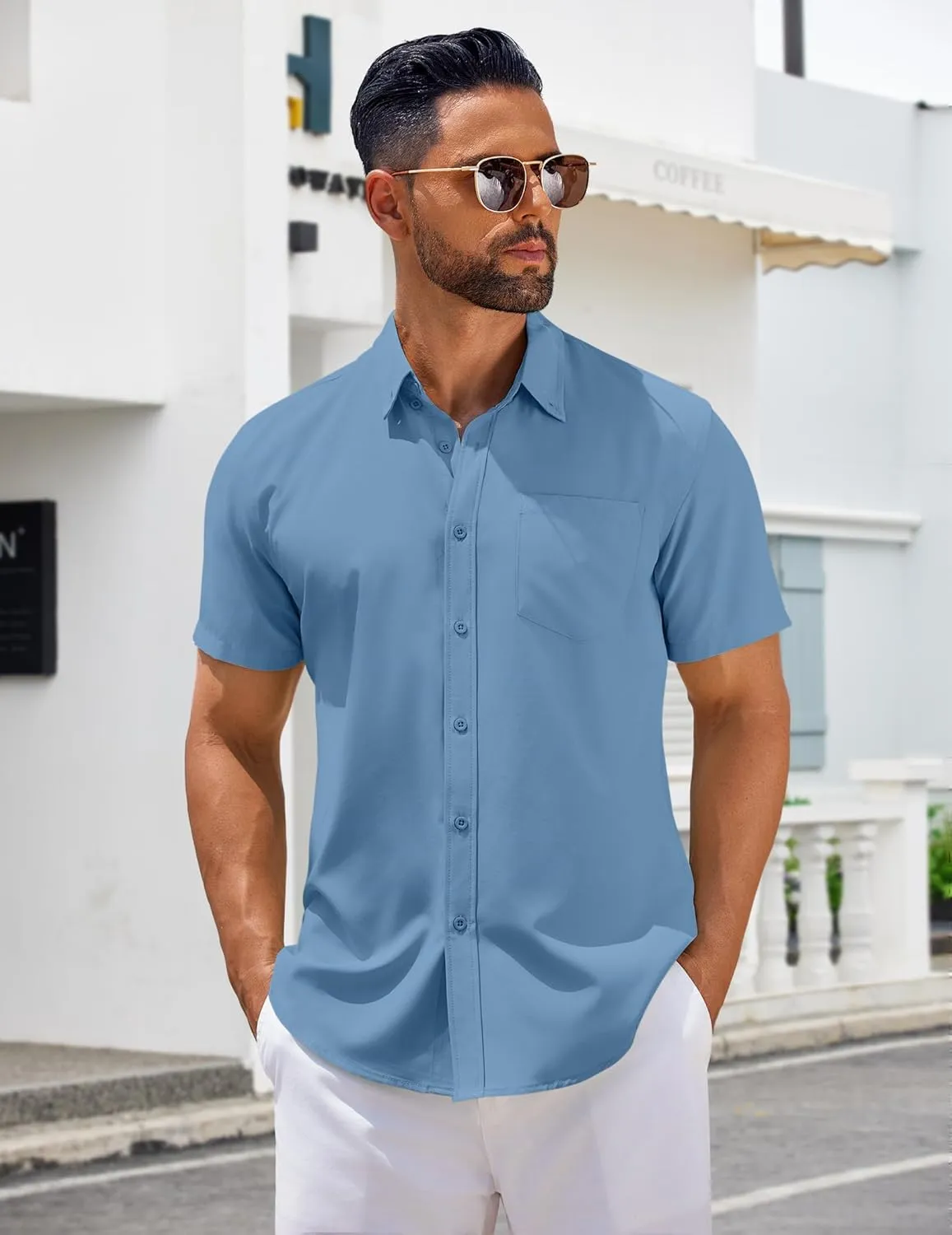 COOFANDY Men's Short Sleeve Button Down Shirts Casual Summer Untucked Wrinkle Free Dress Shirts with Pocket