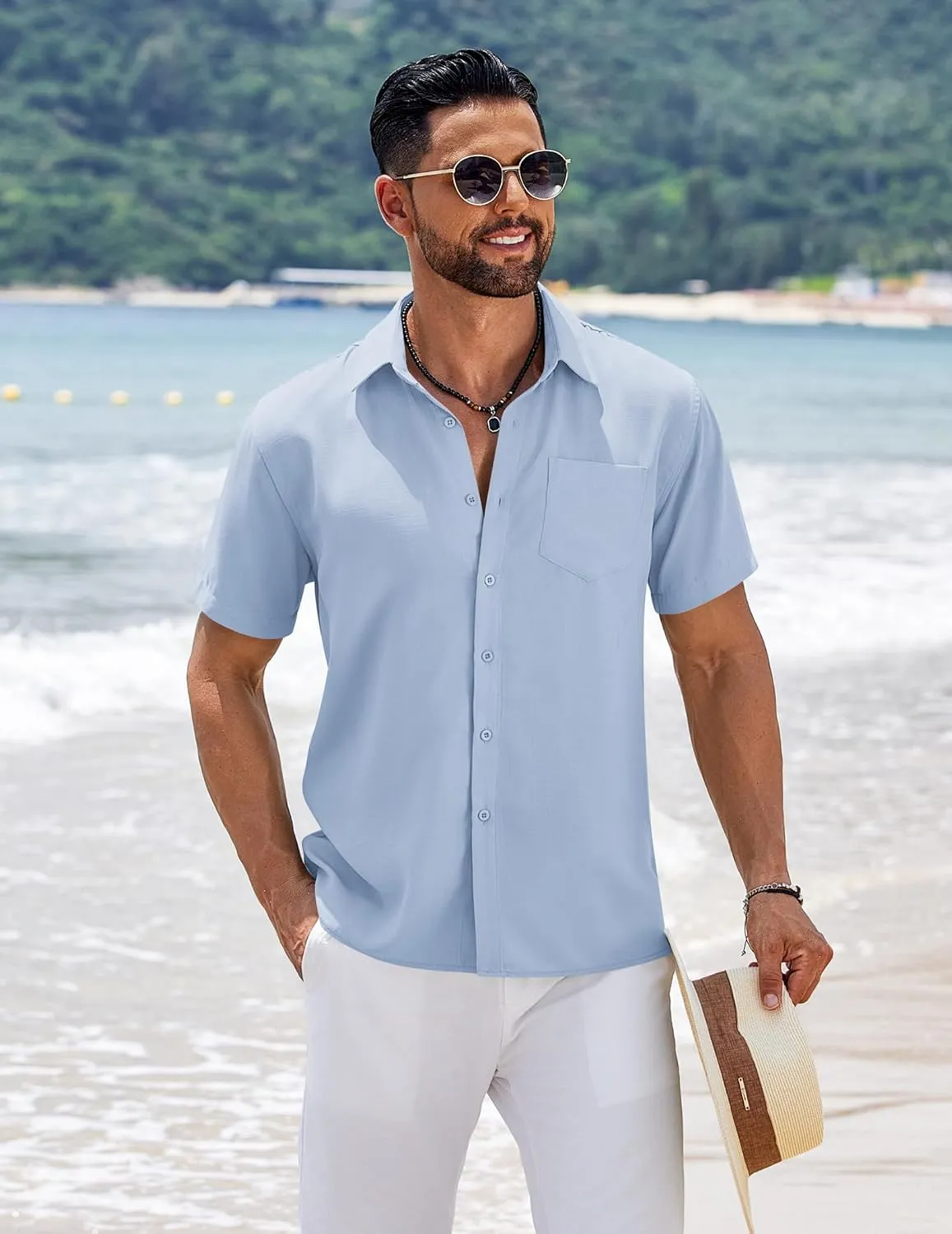 COOFANDY Men's Short Sleeve Button Down Shirts Summer Casual Textured Shirt Vacation Beach Wedding Shirts with Pocket