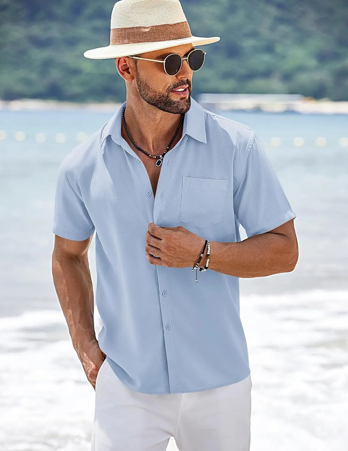 COOFANDY Men's Short Sleeve Button Down Shirts Summer Casual Textured Shirt Vacation Beach Wedding Shirts with Pocket