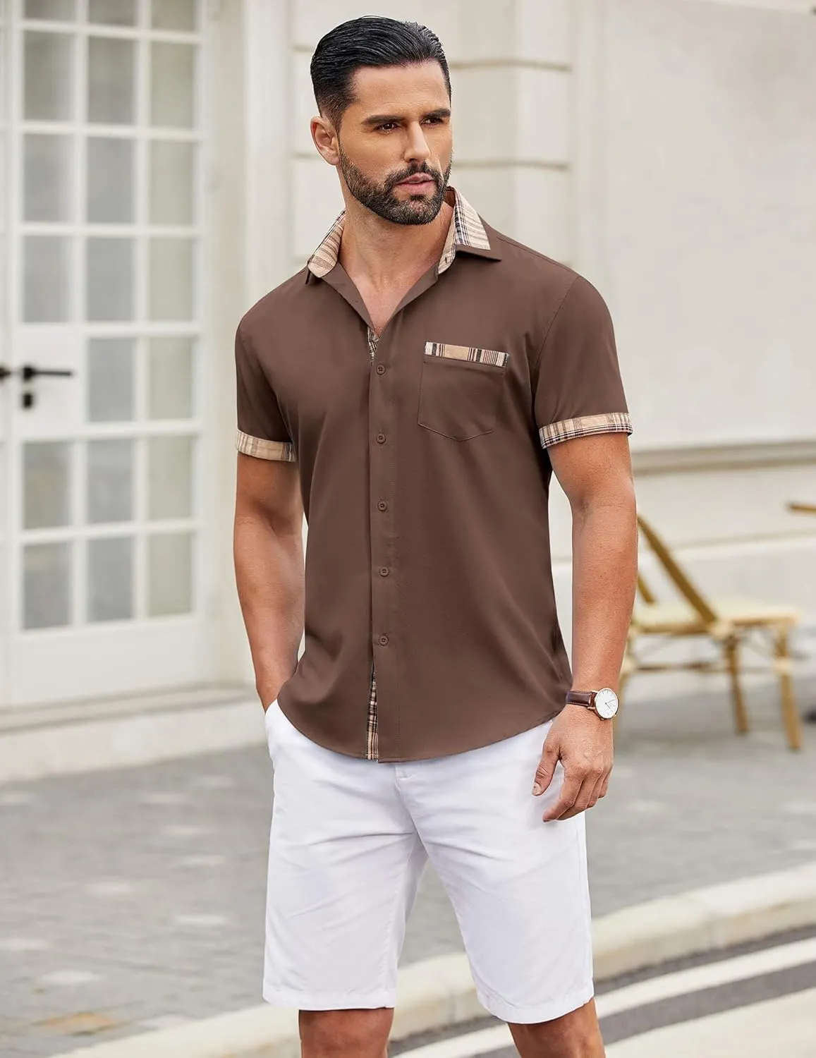 COOFANDY Mens Short Sleeve Dress Shirts Casual Wrinkle Free Shirt Plaid Collar Summer Button Down Shirts