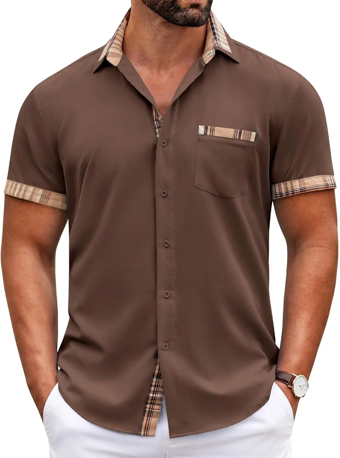 COOFANDY Mens Short Sleeve Dress Shirts Casual Wrinkle Free Shirt Plaid Collar Summer Button Down Shirts