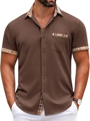 COOFANDY Mens Short Sleeve Dress Shirts Casual Wrinkle Free Shirt Plaid Collar Summer Button Down Shirts