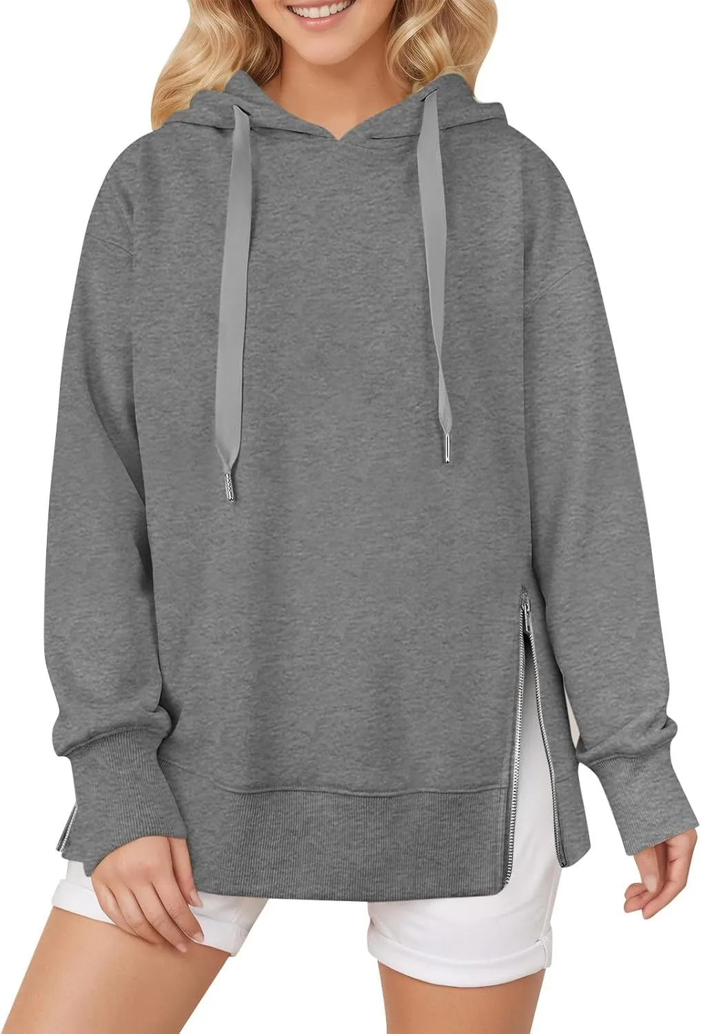 COTECRAM Women Oversized Hoodies Side Zipper Casual Sweatshirts Lightweight Tunic Pullover 2024 Fall Long Sleeve Shirts