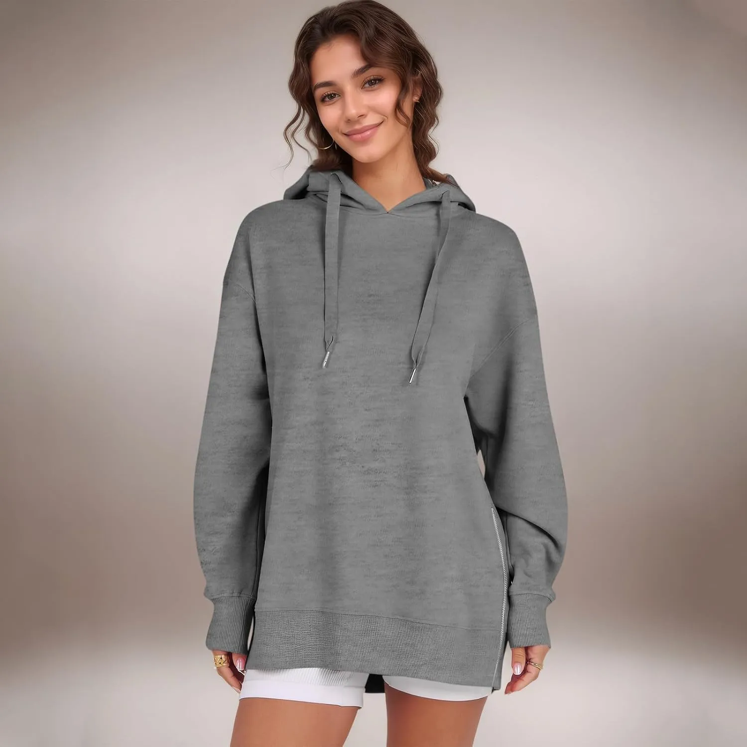 COTECRAM Women Oversized Hoodies Side Zipper Casual Sweatshirts Lightweight Tunic Pullover 2024 Fall Long Sleeve Shirts
