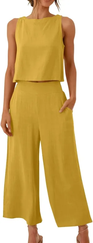 Cotton Linen 2 Piece Set for Women Summer Slouchy Dressy Suit Sleeveless Tank Crop Top High Waisted Wide Leg Trousers