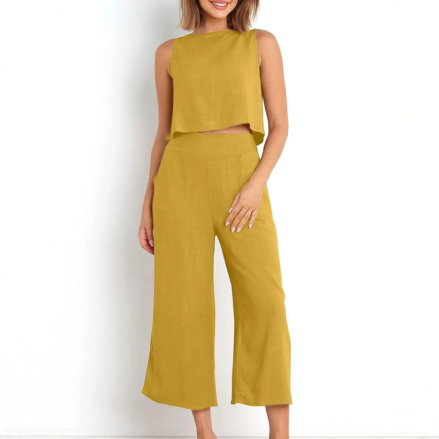Cotton Linen 2 Piece Set for Women Summer Slouchy Dressy Suit Sleeveless Tank Crop Top High Waisted Wide Leg Trousers