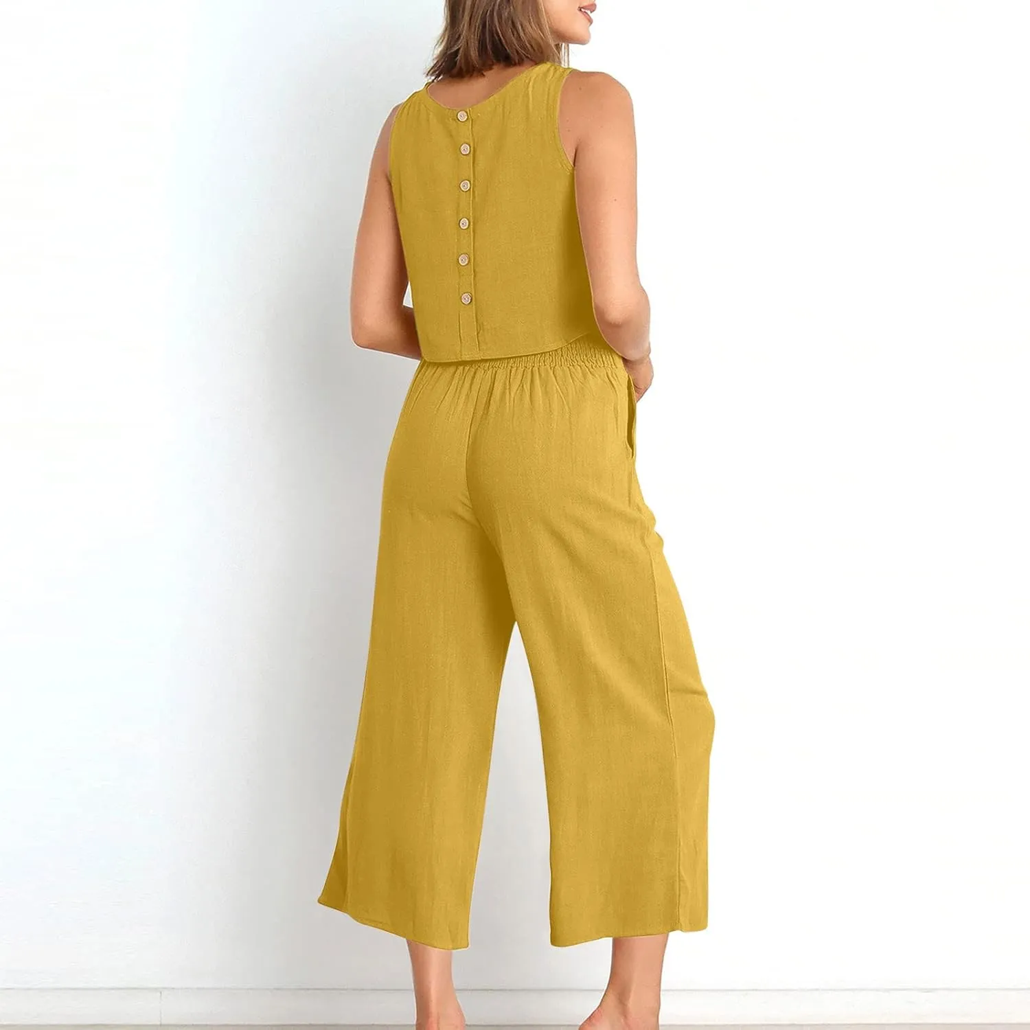 Cotton Linen 2 Piece Set for Women Summer Slouchy Dressy Suit Sleeveless Tank Crop Top High Waisted Wide Leg Trousers