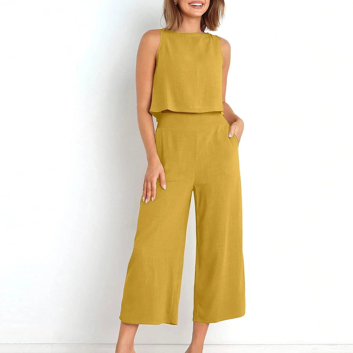 Cotton Linen 2 Piece Set for Women Summer Slouchy Dressy Suit Sleeveless Tank Crop Top High Waisted Wide Leg Trousers