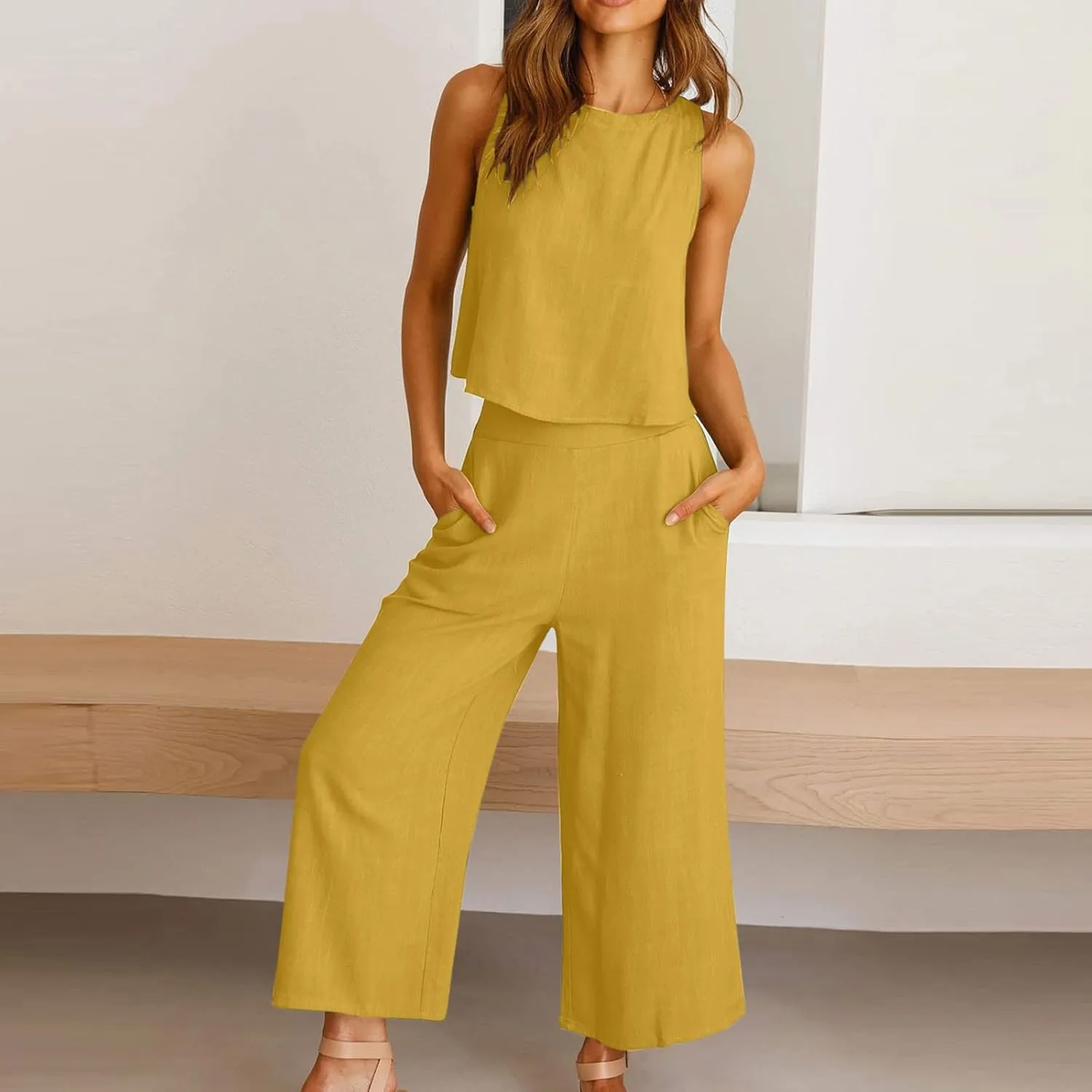 Cotton Linen 2 Piece Set for Women Summer Slouchy Dressy Suit Sleeveless Tank Crop Top High Waisted Wide Leg Trousers
