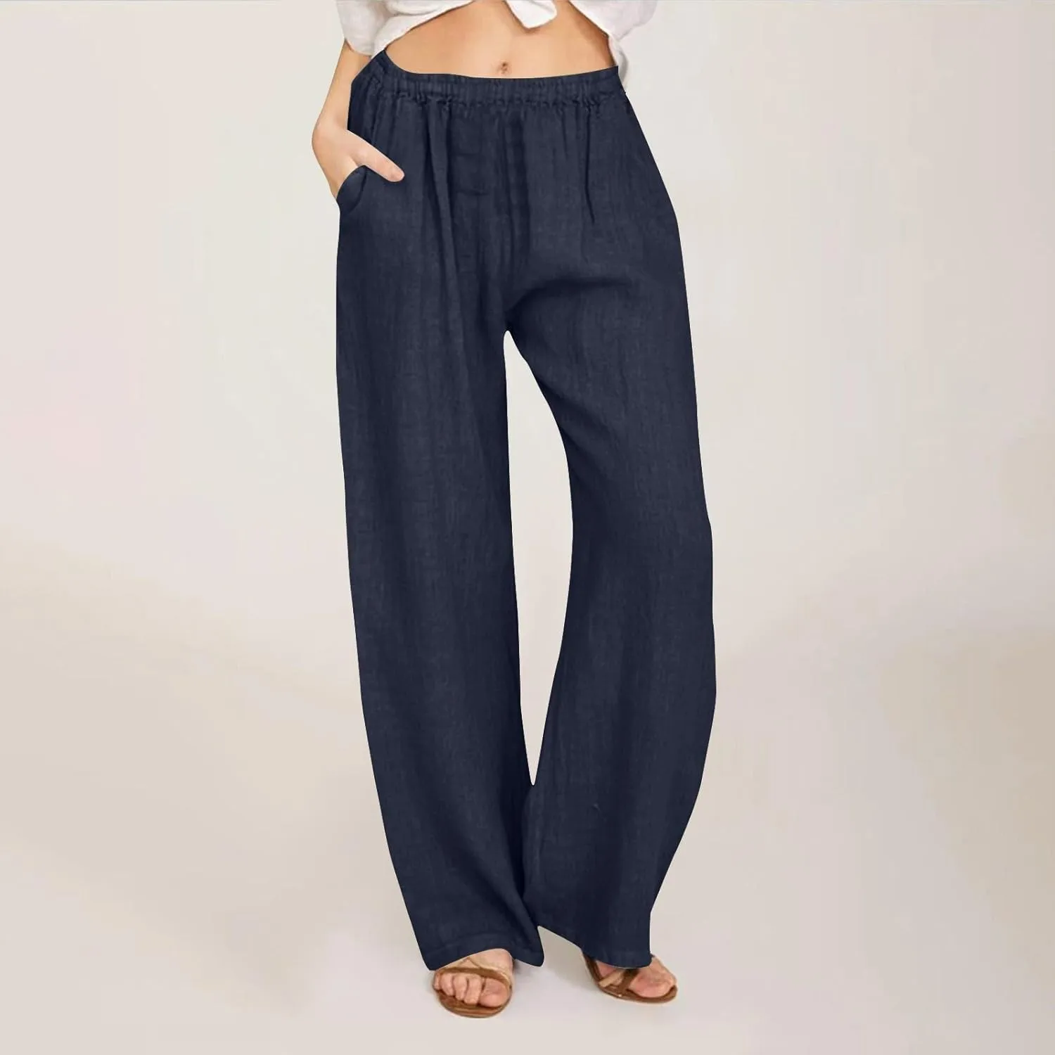 Cotton Linen Pants for Women Casual Summer Elastic High Waist Pants Straight Wide Leg Pants Baggy Loose Fit Trousers