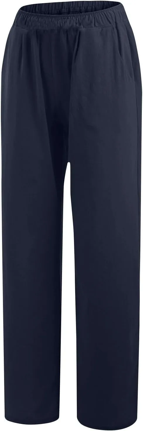 Cotton Linen Pants for Women Casual Summer Elastic High Waist Pants Straight Wide Leg Pants Baggy Loose Fit Trousers