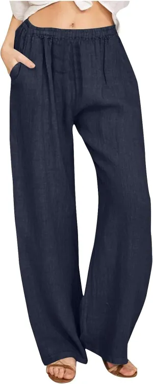 Cotton Linen Pants for Women Casual Summer Elastic High Waist Pants Straight Wide Leg Pants Baggy Loose Fit Trousers