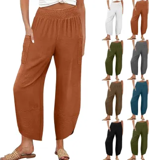 Cotton Linen Pants for Women Casual Summer Elastic Waist Capri Pants Loose Ankle Length Palazzo Trousers with Pockets