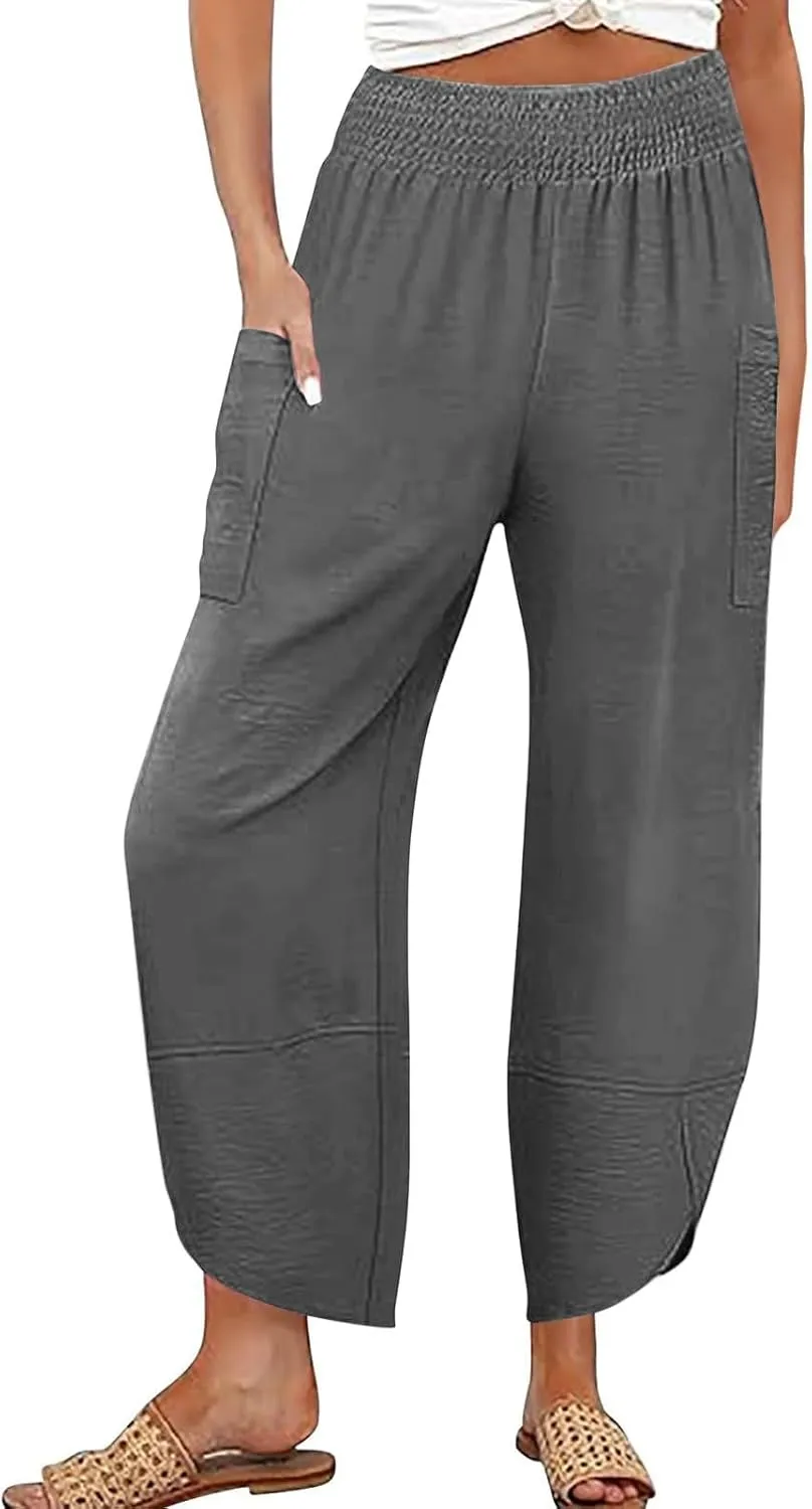 Cotton Linen Pants for Women Casual Summer Elastic Waist Capri Pants Loose Ankle Length Palazzo Trousers with Pockets