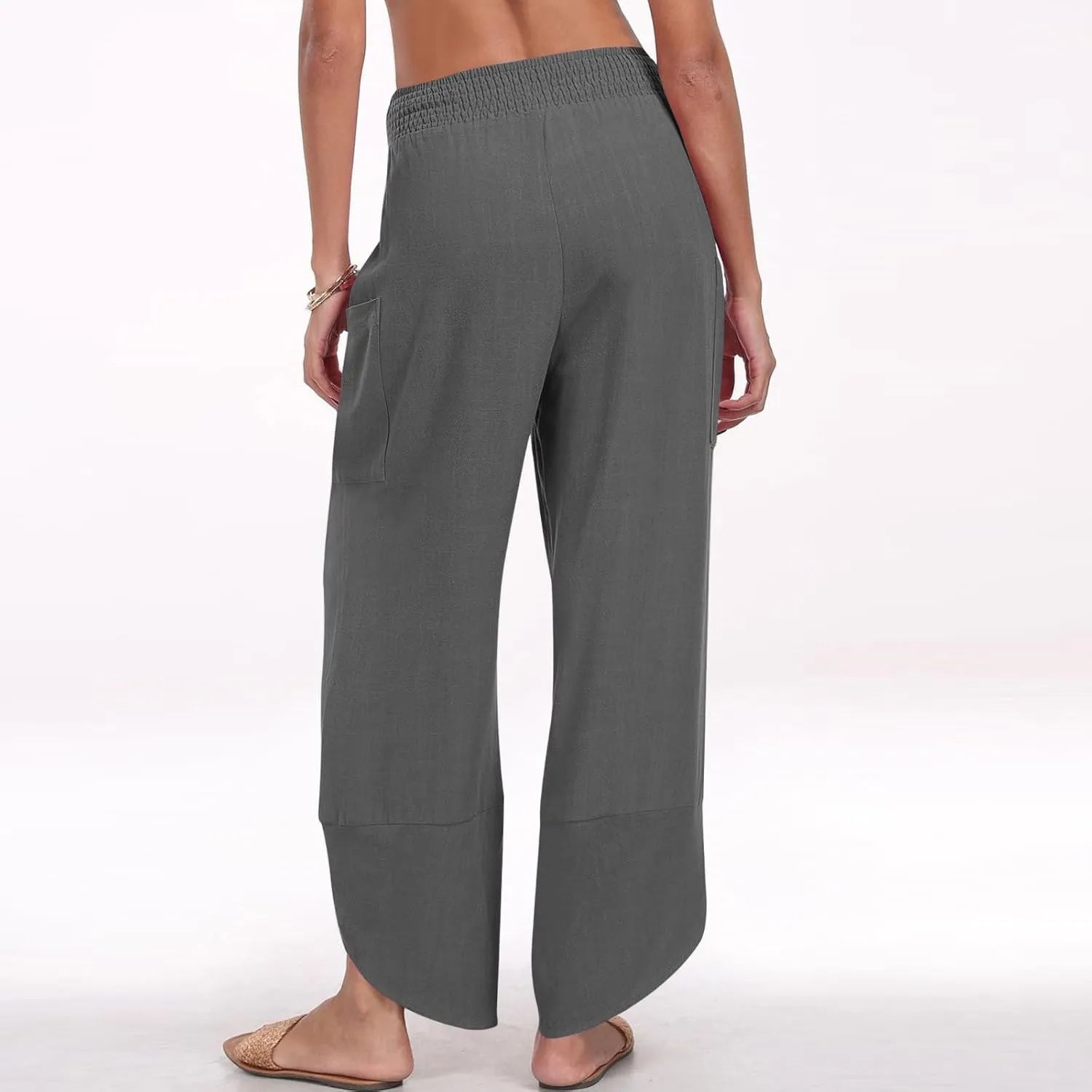 Cotton Linen Pants for Women Casual Summer Elastic Waist Capri Pants Loose Ankle Length Palazzo Trousers with Pockets
