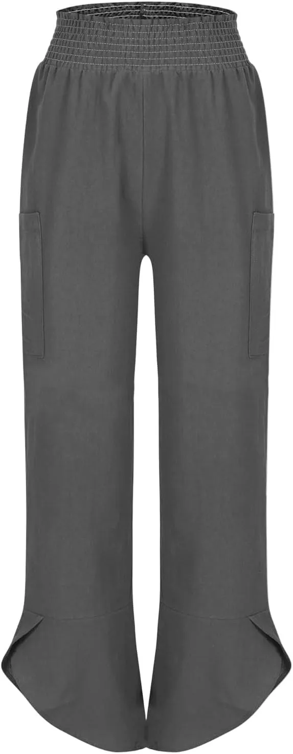 Cotton Linen Pants for Women Casual Summer Elastic Waist Capri Pants Loose Ankle Length Palazzo Trousers with Pockets