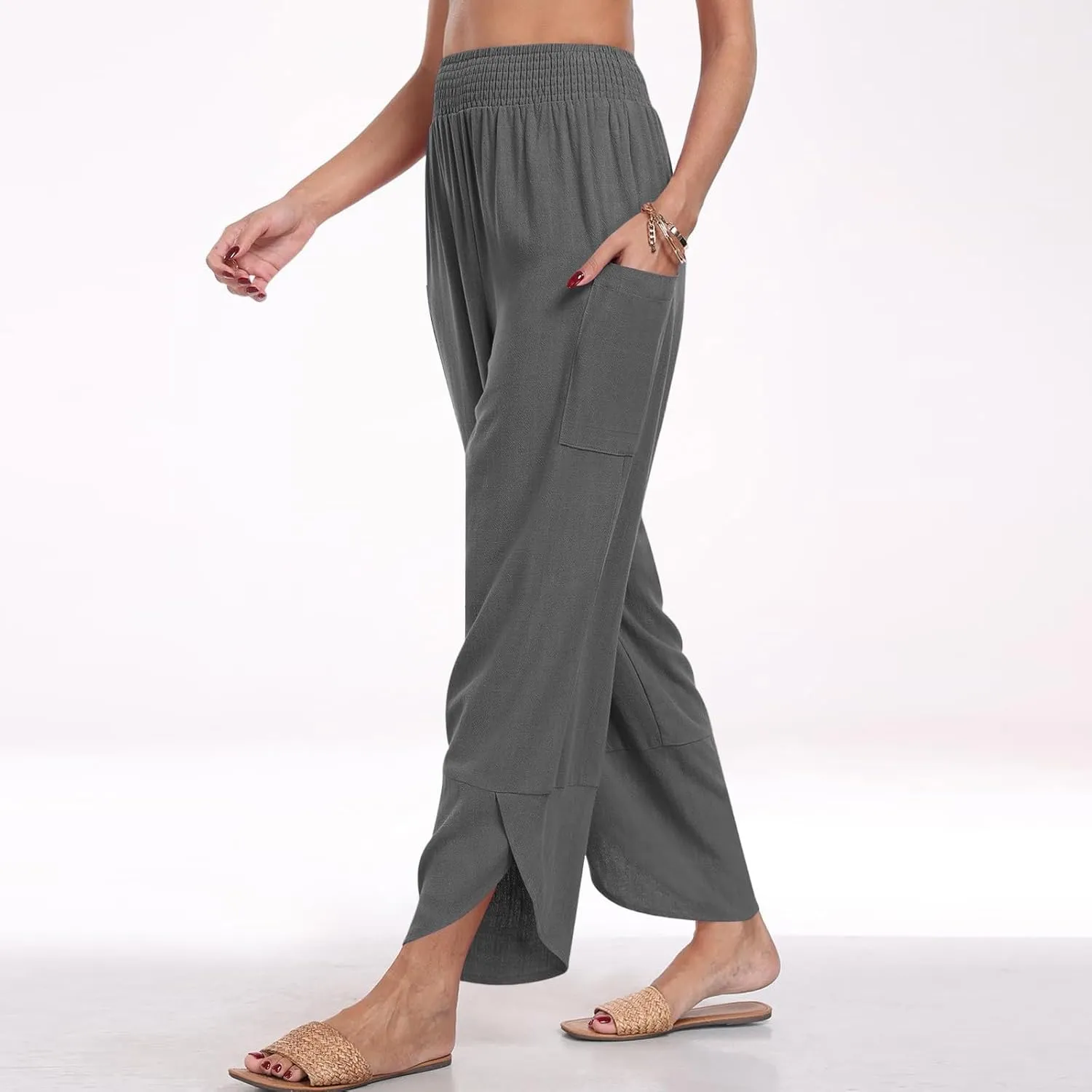 Cotton Linen Pants for Women Casual Summer Elastic Waist Capri Pants Loose Ankle Length Palazzo Trousers with Pockets