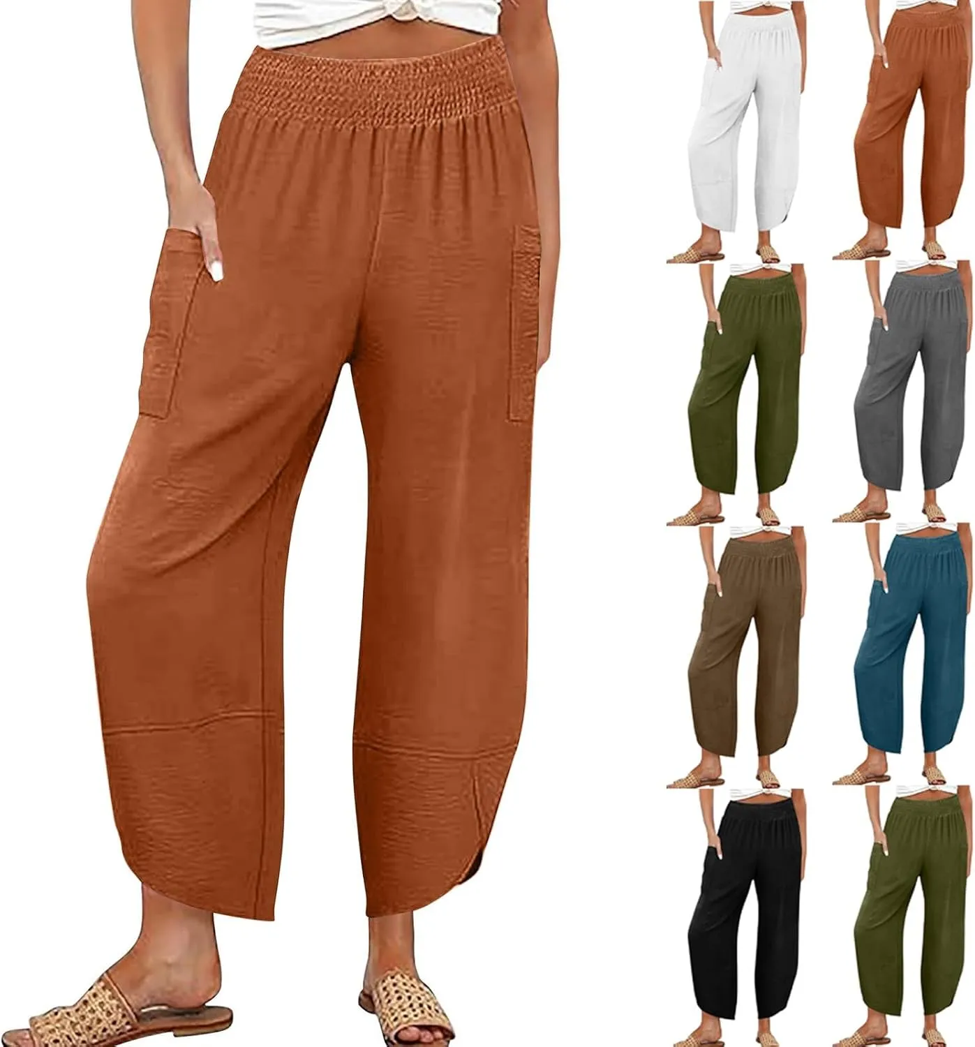 Cotton Linen Pants for Women Casual Summer Elastic Waist Capri Pants Loose Ankle Length Palazzo Trousers with Pockets