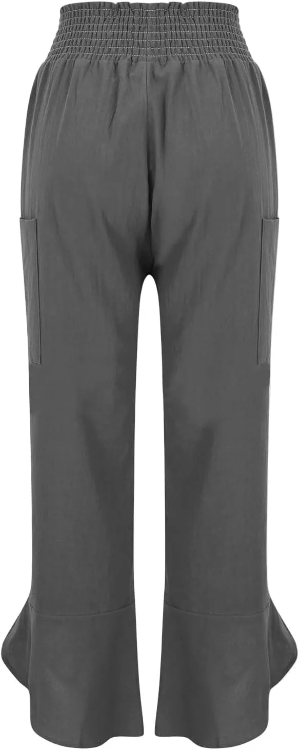 Cotton Linen Pants for Women Casual Summer Elastic Waist Capri Pants Loose Ankle Length Palazzo Trousers with Pockets
