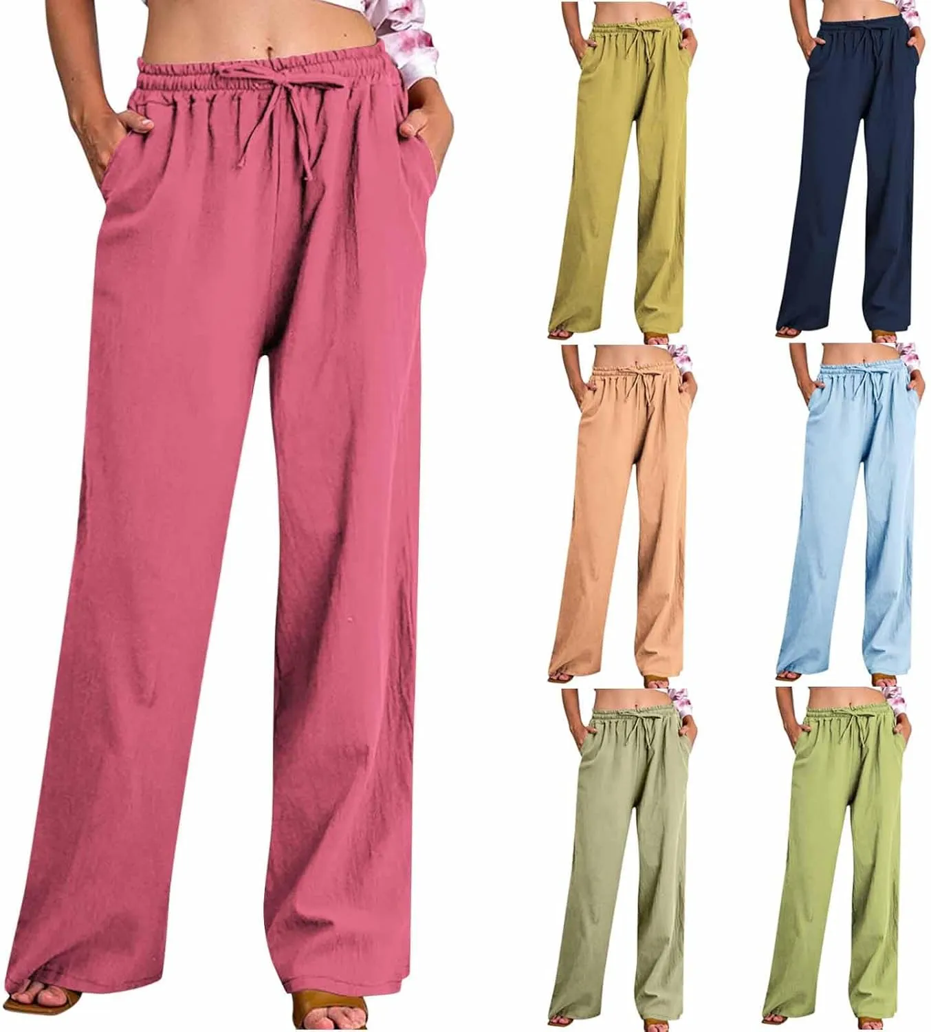 Cotton Linen Pants for Women Dressy Casual Trousers Loose Drawstring Waist Lounge Long Pants Pockets Summer Outfits