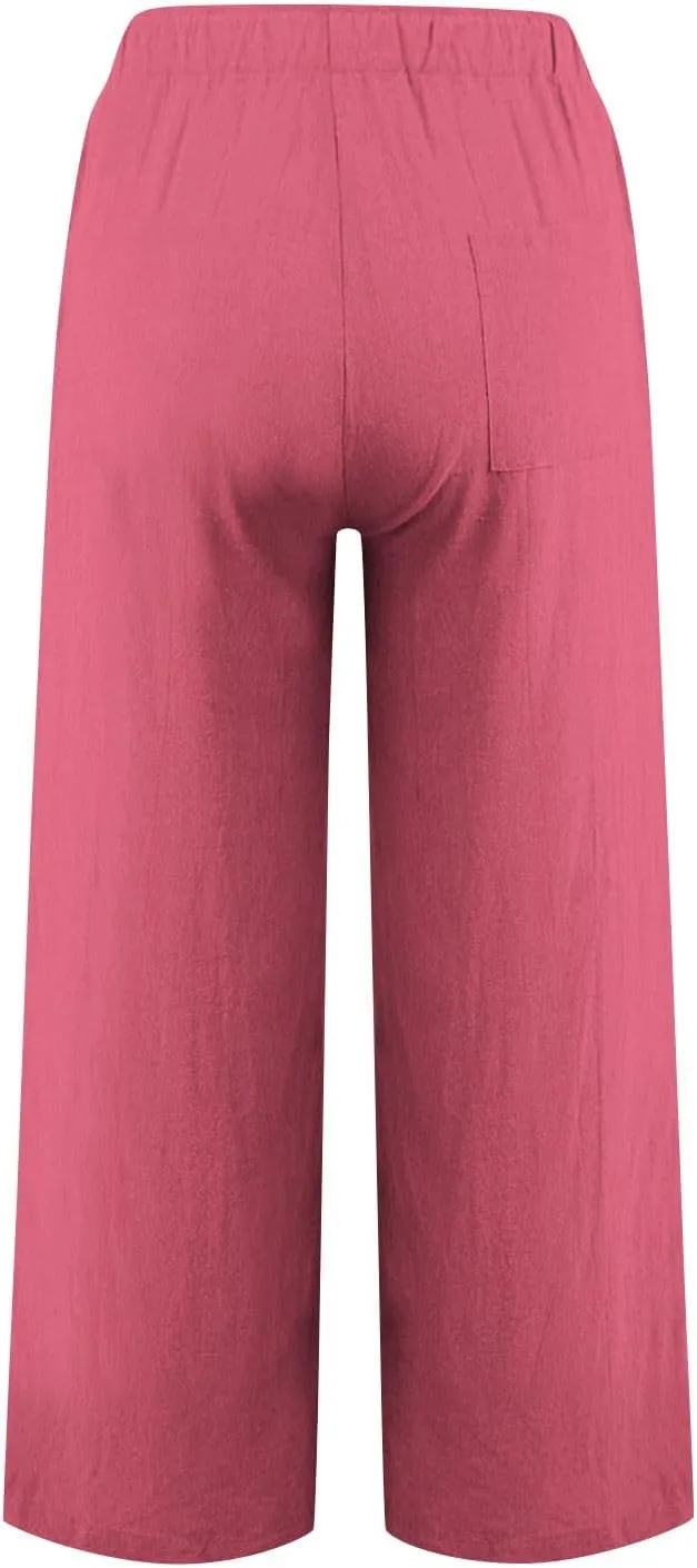 Cotton Linen Pants for Women Dressy Casual Trousers Loose Drawstring Waist Lounge Long Pants Pockets Summer Outfits